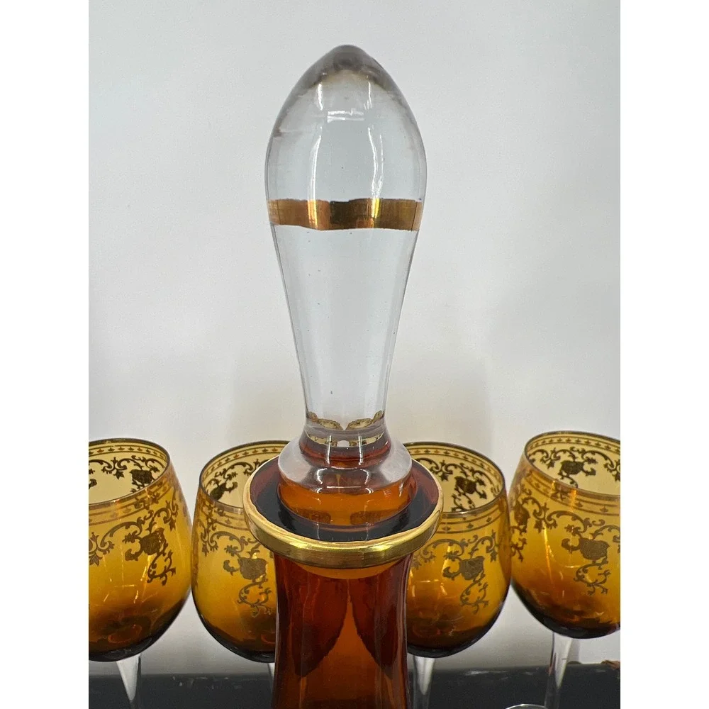 Vintage MCM Amber Glass Decanter Set Gold Encrusted Floral Scroll 4‎ Glasses